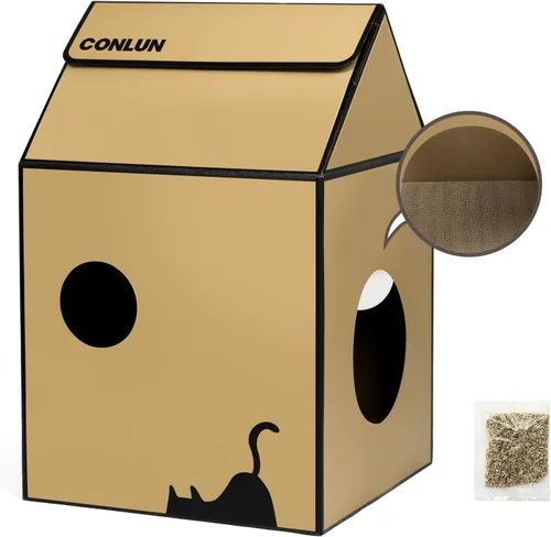 Miniatura 9 de Conlun Casa de cartón para gatos con almohadilla para rascar y hierba gatera, casa rascador para juegos de gatos para muebles de interior, rascador