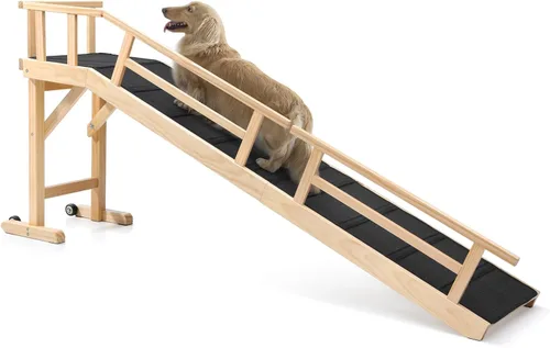 Miniatura 13 de Rampa para perros para cama o sofá, rampa de madera para mascotas con pendiente suave de 20°, rieles laterales extraíbles, superficie