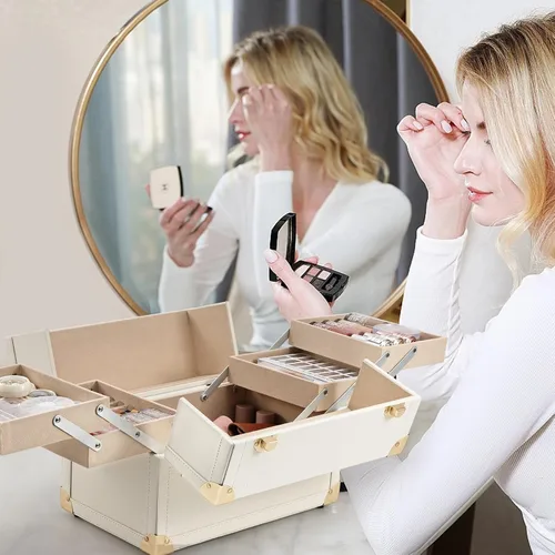 Miniatura 2 de Joligrace - Estuche de maquillaje portátil grande con organizador de almacenamiento de cosméticos con cerradura, con 4 compartimentos de bandeja