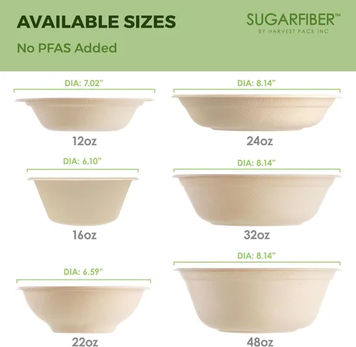 Miniatura 7 de [500 SET]Harvest Pack 32 oz Round Compostable Bowls with Flat Lids, Heavy-Duty Eco-Friendly Disposable Bagasse Paper Bowl for Meal Prep, Made of