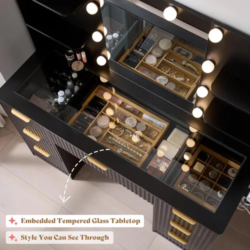 Miniatura 6 de AMERLIFE Escritorio estriado de 47.2 pulgadas con espejo y luces LED ajustables, mesa grande de tocador de maquillaje con 7 cajones con parte Negro