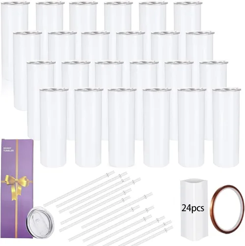 YOUKE OLA Paquete de 24 vasos de sublimación rectos y delgados de 20 onzas para transferencia de calor, caja de regalo individual, vaso aislado de