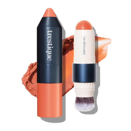 Trestique - Barra de rubor vegano, con cepillo integrado, maquillaje rosa para mujeres, maquillaje de rosa, 2 en 1, cremoso