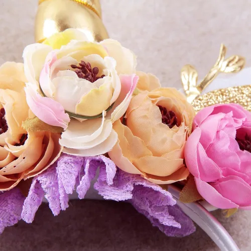 Miniatura 5 de Nishine Diadema de cuerno de unicornio con purpurina para niñas, diadema de camelia pony, banda para el pelo de flores, tiara para fiesta, regalo