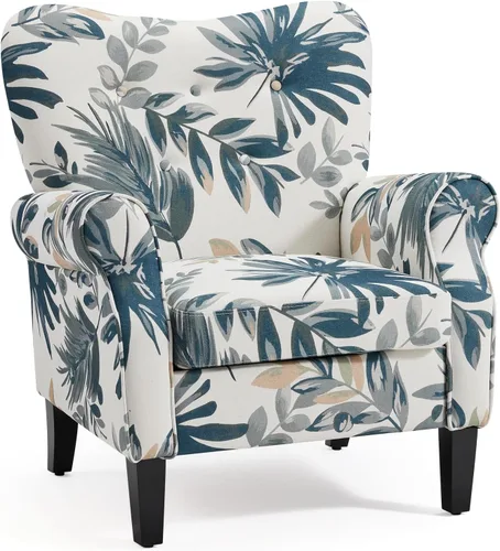 YOLENY Silla decorativa moderna, sillón con respaldo alto, sofá individual tapizado con botones de tela y patas de madera para sala de estar, Azul