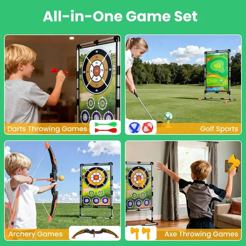Miniatura 3 de Juego de astillado de golf, 5 en 1, portátil, juego de golf de doble cara con soporte, con bolas adhesivas, tiro con arco, hacha y dardo, juguetes