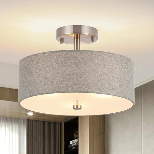 Miniatura 12 de Lámpara de Techo Semiempotrada de 3 Luces, Lámpara de Tambor Negra de 13", Luz de Techo Moderna Cercana al Techo con Pantallas de Tela Blanca Tela