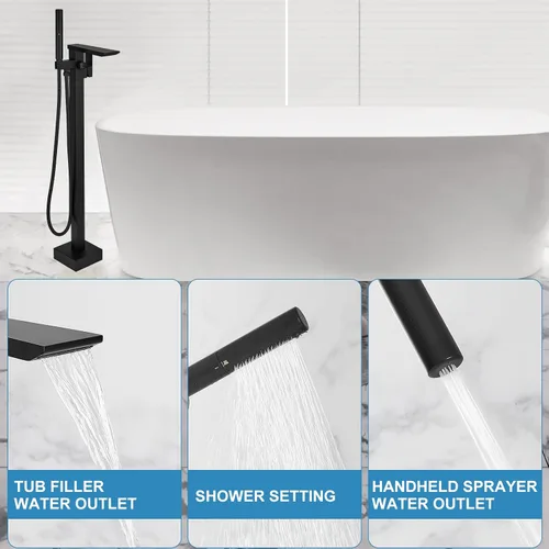 Miniatura 3 de RUMOSE Llenador de bañera negro mate, relleno de bañera independiente, grifo de bañera de montaje en cascada, grifo de bañera de latón de alto flujo