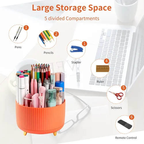 Miniatura 3 de Soporte para Lápices y Bolígrafos de Escritorio, Organizador Giratório de 5 Ranuras de 360° para Escritorio, Organizador de Suministros de Papelería