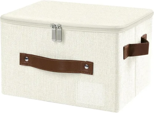 ANMINY Contenedores de almacenamiento con tapa con cremallera, cajas de almacenamiento con soporte para etiquetas, asas de piel sintética, lavables,
