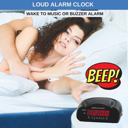 Miniatura 3 de Reloj despertador digital Radio reloj AM/FM con pantalla LED roja, alarma fuerte para personas que duermen mucho Reloj de escritorio o de noche