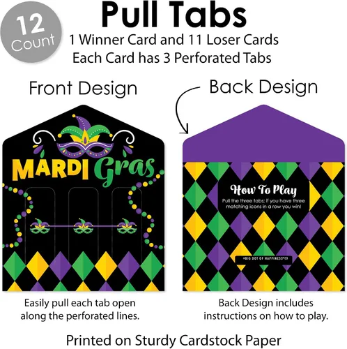 Miniatura 4 de Big Dot of Happiness Máscara colorida de Mardi Gras – Juego de tarjetas de pepinillo para fiesta de máscaras, pestañas de tracción 3 en una fila