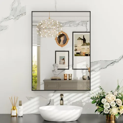 Miniatura 57 de Espejo de baño LED de 60x36 pulgadas con marco negro, espejos de baño retroiluminados y con luz frontal para pared, antiempañamiento, regulable