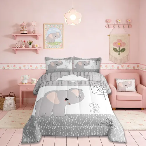 Castle Fairy Juego de edredón con elefante de dibujos animados tamaño individual, juego de colcha Kawaii lindo con animales salvajes para dormitorio