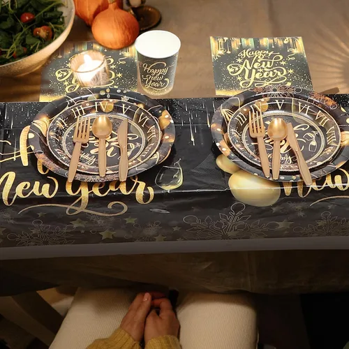 Miniatura 6 de Toyvian Suministros para fiestas de Año Nuevo 2026, platos de papel desechables, servilletas, tenedores, vasos, decoraciones de cena, platos de Año