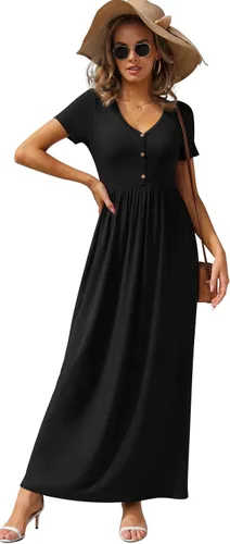 Miniatura 2 de GRECERELLE Vestido largo para mujer, manga corta, cuello en V, casual, con botones, con bolsillos
