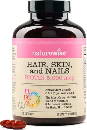 NatureWise Vitamina para el cabello, piel y uñas, biotina 5000mcg con ácido hialurónico, colágeno para mujeres con C, complejo B, D3, A, E, hierro -