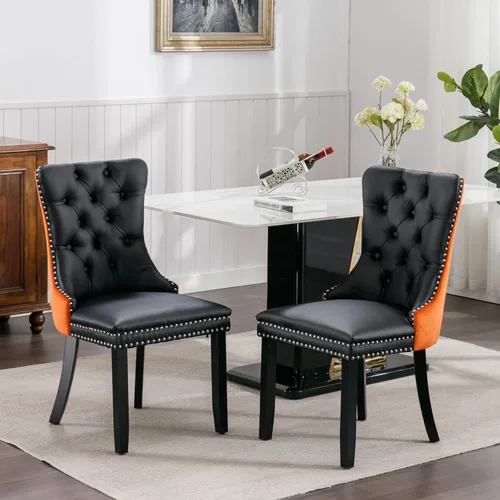 Miniatura 17 de Juego de 2 sillas de comedor de terciopelo, sillas decorativas tapizadas con botón acolchonado, ribete de cabeza de clavo y tirador de anillo Naranja