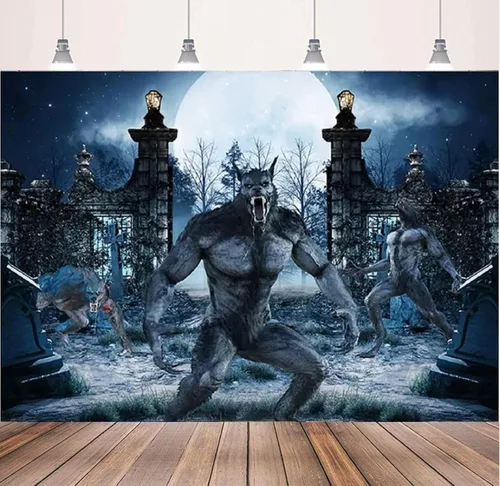 Miniatura 3 de Telón de fondo de fotografía de hombre lobo, noche de Halloween, fondo de cementerio aterrador, decoración de póster de baño de bebé, decoración