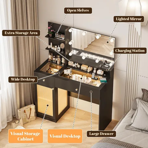 Miniatura 5 de INNOD Escritorio de tocador de 40 pulgadas con espejo grande y luces, moderno juego de tocador de maquillaje con tapa de vidrio con toma