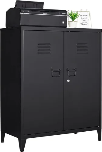 Miniatura 20 de Armario de almacenamiento de metal con 2 puertas y estantes ajustables, armario de metal ancho, gabinete de almacenamiento bajo, gabinete de acento