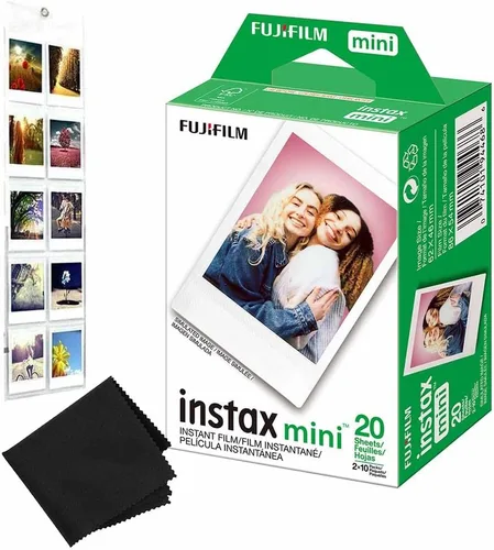 Fujifilm Película para cámara Instax Mini: 20 disparos en total, (10 hojas x 2) - Incluye álbum de fotos colgante para 10 fotos y paño de microfibra