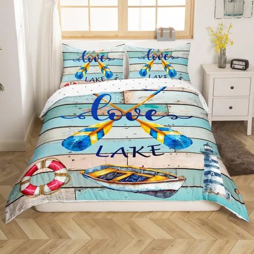 Miniatura 22 de Erosebridal Juego de ropa de cama individual con diseño de peces de lubina, la vida es mejor en el lago, funda de edredón para niños y niñas, funda