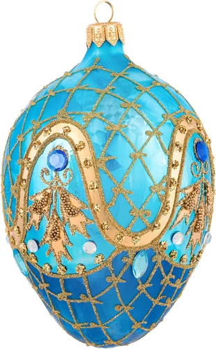 Miniatura 3 de Colección Palace de Miss Christmas 2025 Huevo Fabergé Azul y Dorado de 5 Pulgadas de Vidrio Soplado para Árbol de Navidad (Azul Elegante y Plata)