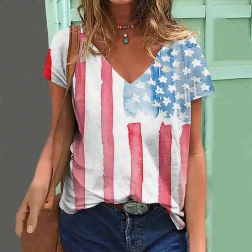 Miniatura 2 de Ceboyel Camiseta de manga corta con la bandera estadounidense para mujer, estilo casual, cuello en V, blusas de verano, camisetas patrióticas