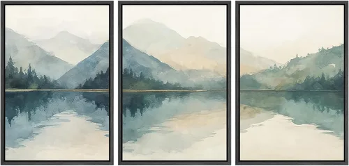 Miniatura 108 de SIGNWIN Lienzo enmarcado para pared, juego de arte tranquilo con reflejo de lago, acuarela, montaña y agua, ilustraciones modernas, arte abstracto