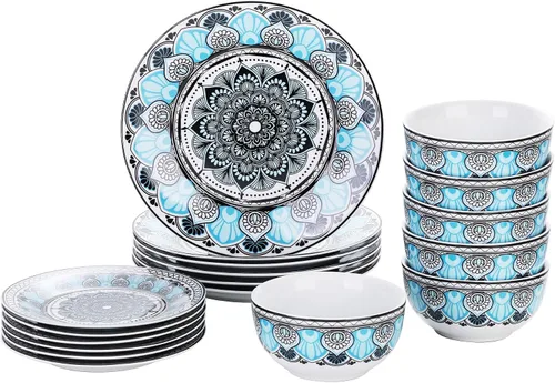 Miniatura 40 de VEWEET, Serie Fiona - Juego de vajilla de 30 piezas para 6 personas, blancos con rayas negras y grises, vajilla de porcelana de platos de postre