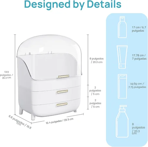Miniatura 2 de Vtopmart - Organizador de maquillaje y cuidado de la piel de 3 niveles con cajones y tapa para tocador y encimera de baño, caja grande de Blanco