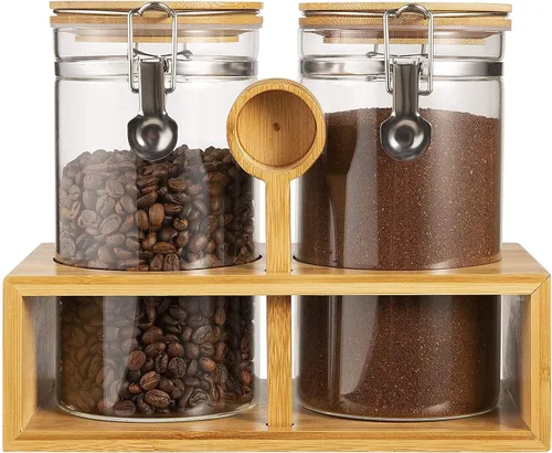 Miniatura 10 de Yangbaga Recipiente de Café de Vidrio con Estante de Madera, Juego de 2×45OZ Recipientes de Café y Azúcar, Recipientes de Café con Tapas Herméticas