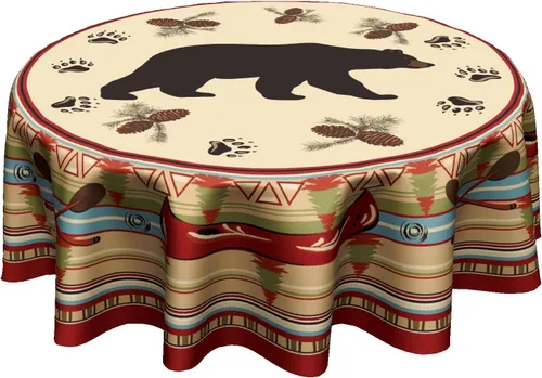 Mantel Redondo de Oso de Cabaña Rústica - Mantel de Mesa de Oso de Lodge Vintage de 60" Estilo Campestre de Granja Cubierta de Mesa de Animales Oso
