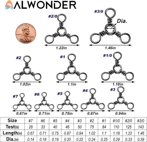 Miniatura 2 de Alwonder Paquete de 100 aparejos de pesca giratorios de 3 vías, acero inoxidable de 28 a 143 libras, níquel negro, conectores giratorios de pesca