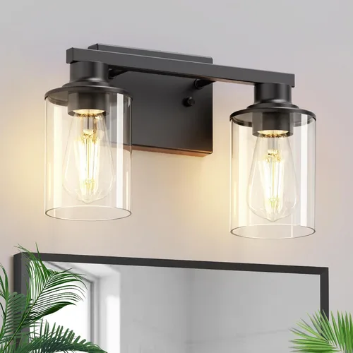 Miniatura 10 de L LOHAS LED Lámparas de baño negras de 2 luces, accesorios de iluminación modernos sobre espejo con pantalla de vidrio transparente, luces