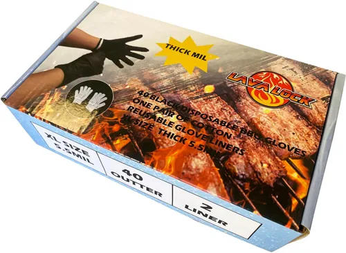 Miniatura 6 de LavaLock Guantes de barbacoa de nitrilo desechables negros de 5.5 mil gruesos de alta resistencia con 2 forros de algodón para cocinar al aire libre