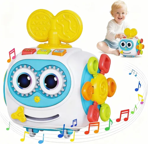 MoraBaby Cubo musical de robot para niños pequeños de 1 a 3 años, cubo de actividades Montessori 6 en 1 con luces y sonidos, ruedas para el tiempo