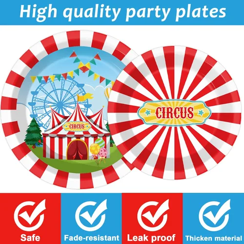 Miniatura 4 de Tevxj Juego de vajilla de circo de 96 piezas con temática de carnaval, platos de postre desechables, platos de fiesta de circo, servilletas