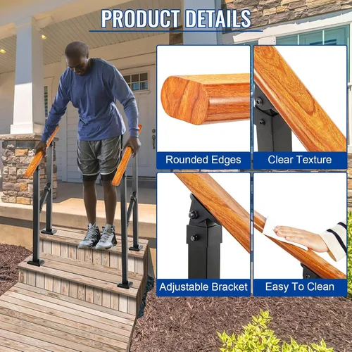 Miniatura 6 de Kit de pasamanos de escalera al aire libre UOKRR, pasamanos de hierro con grano de madera para interior, se adapta a 1-2 escalones