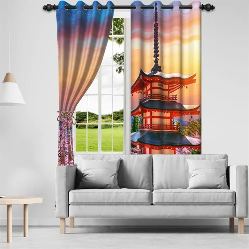 Miniatura 29 de Cortinas japonesas con pintura de tinta, monte Fuji, sol rojo, puesta de sol, hojas de bambú, cortinas de ventana para dormitorio, sala de estar
