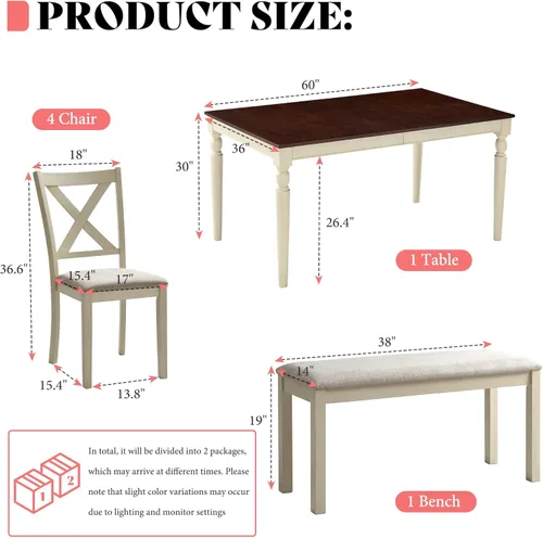 Miniatura 2 de AMERLIFE Juego de mesa de comedor de 6 piezas estilo granja, mesa de madera maciza de 152 cm con 4 sillas tapizadas y banco, asientos cómodos