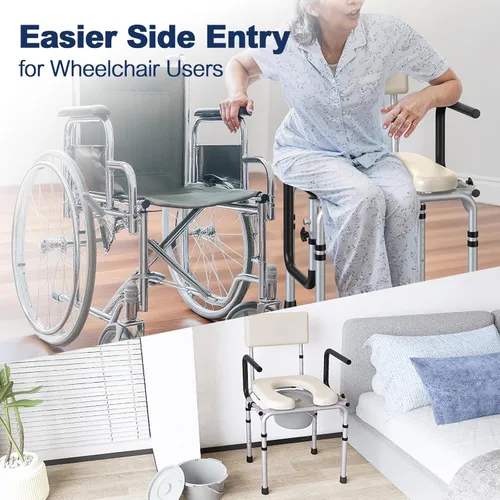 Miniatura 7 de Asiento sanitario junto a la cama con brazo desplegable, inodoro con asiento acolchado y respaldo, capacidad de 400 libras, cubo removible de 6.3QT
