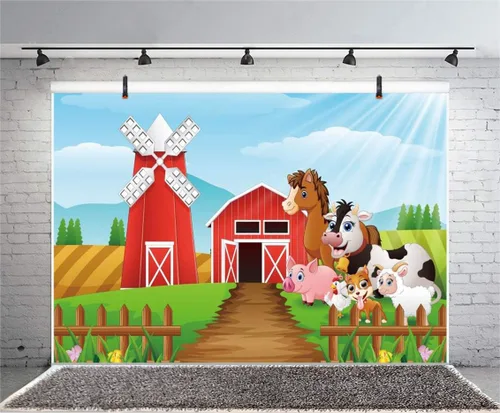 Miniatura 3 de Yeele Fondo de dibujos animados de 5 x 3 pies para fotografía, campo, cobertizo, granero, paisaje, ganado, animales, telón de fondo rústico