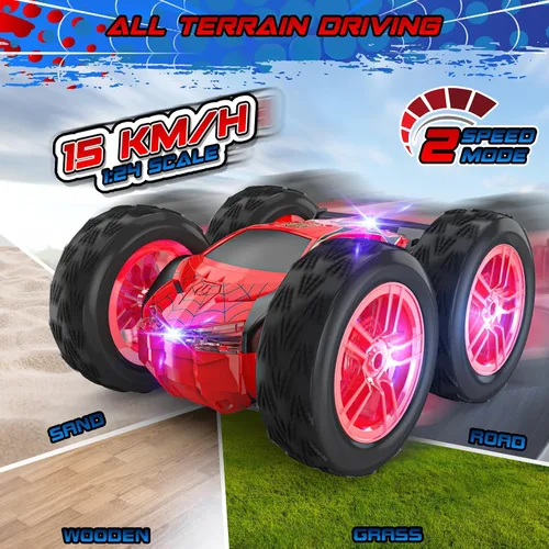 Miniatura 5 de Auto de control remoto para niños, autos de acrobacias RC para niños de 4 a 7 años con luces LED y doble cara para regalo de cumpleaños de Pascua