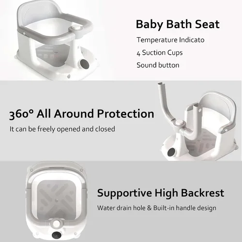 Miniatura 7 de Asiento de baño para bebés de 6 meses en adelante, silla de bañera ajustable con diseño envolvente y sensor de temperatura, base antideslizante de 4