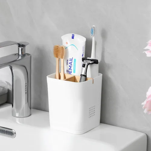 Miniatura 2 de Soporte para cepillo de dientes eléctrico de 3 ranuras con divisores de bambú para baños, organizador de cepillos de dientes y pasta de dientes