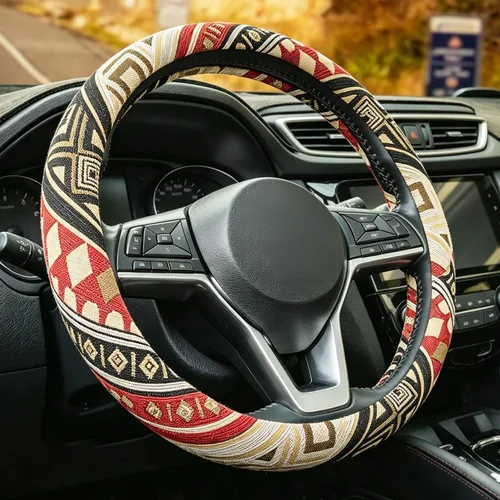 Miniatura 7 de Juego de fundas bohemias para volante, funda para cinturón de seguridad y almohadilla para reposabrazos, tela bohemia para volante de automóvil