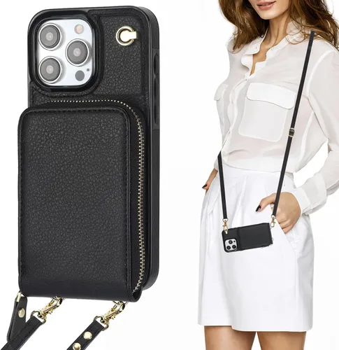 KIHUWEY Funda tipo cartera cruzada para iPhone 15 Pro Max, funda con bolsillo con cremallera y soporte para tarjetas, funda protectora de piel Negro