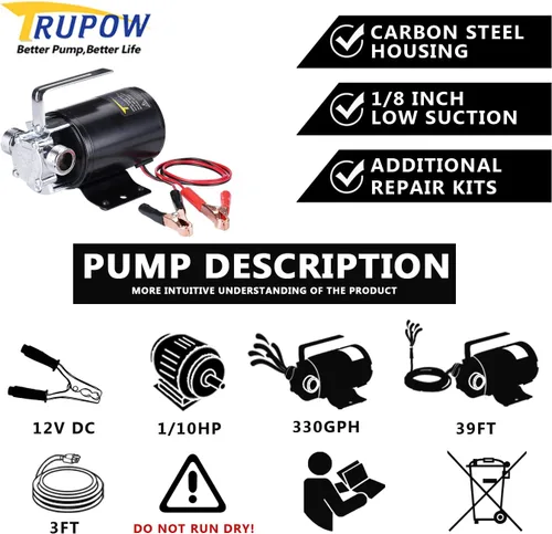 Miniatura 2 de Trupow DC 12-Volt 1/10HP 330GPH, alimentada por batería, mini bomba de agua de transferencia de sumidero eléctrico portátil con kit de manguera